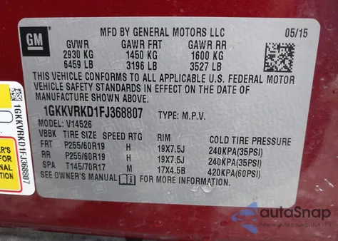 2015 GMC Acadia Slt-1 from USA, damaged, VIN 1GKKVRKD1FJ368807